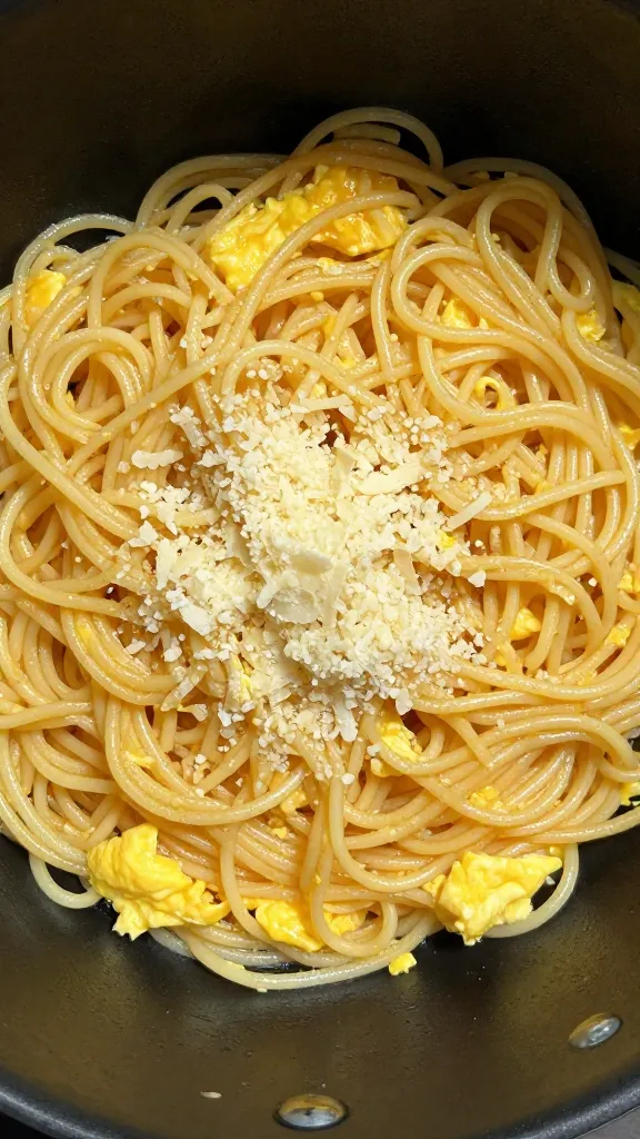leftover spaghetti tossed with eggs and parmesan, overhead shot