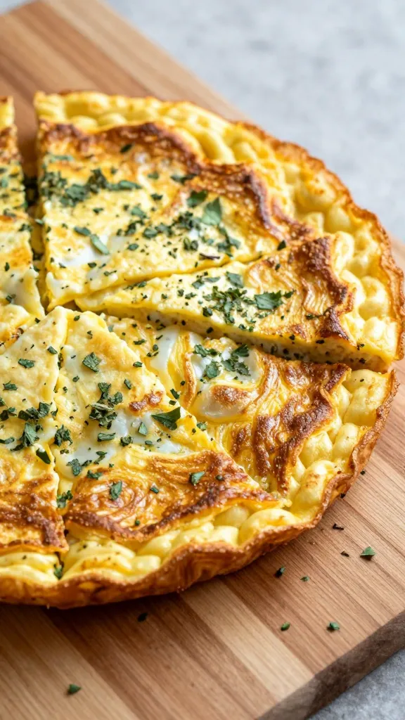 sliced pasta frittata on wooden board, sprinkled fresh herbs