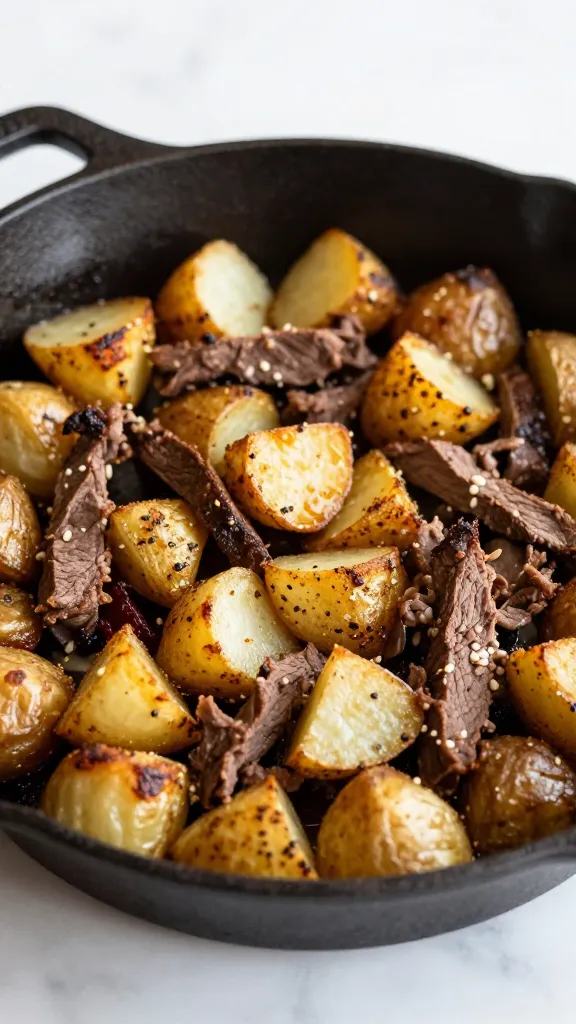 Crispy roast beef hash with potatoes in cast-iron skillet