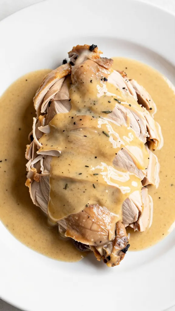 Sliced roast chicken over cider-sage gravy on white plate