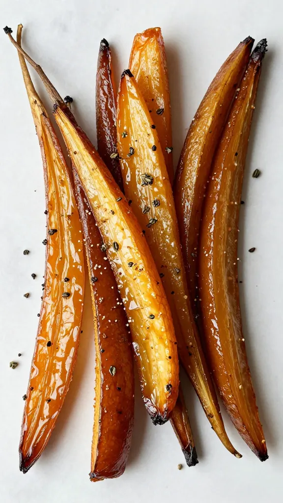 Roasted root vegetables glazed with maple and thyme, overhead