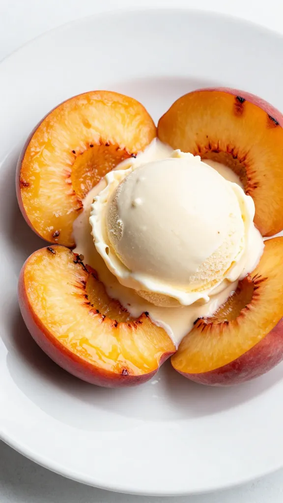 Grilled peach slices with vanilla ice cream on white plate