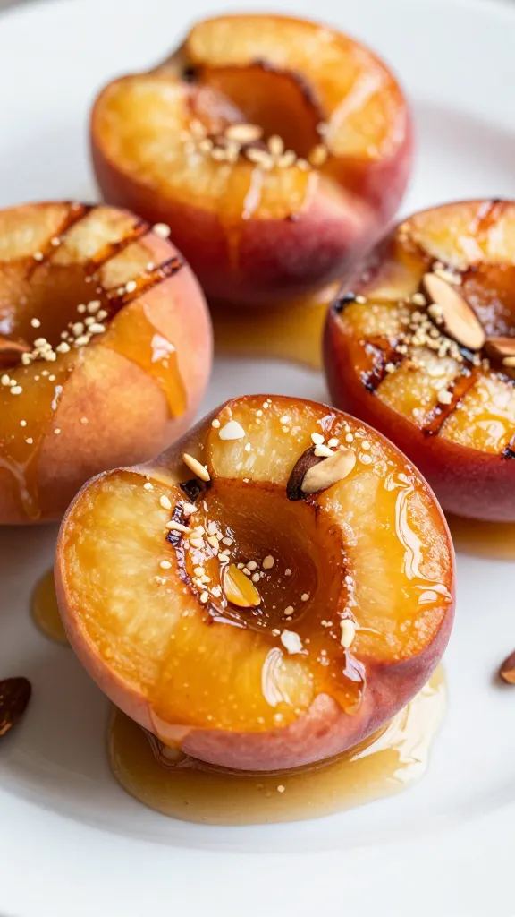 Caramelized grilled peaches drizzled with honey and crushed almonds