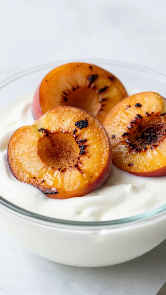 Smoky grilled peaches over Greek yogurt in glass bowl