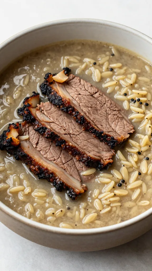 Smoked brisket and wild rice soup in rustic bowl