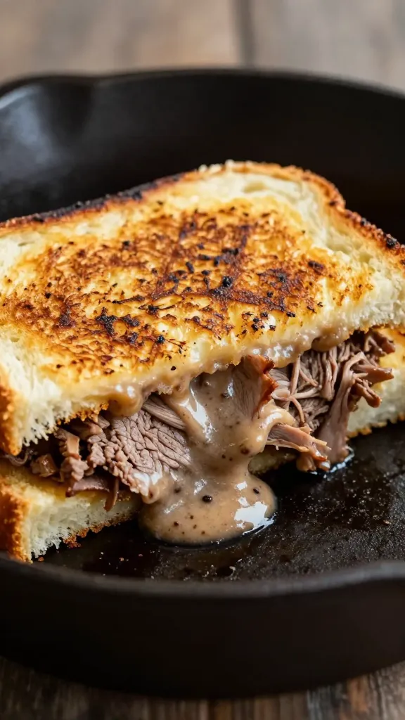 Melty brisket grilled cheese on cast-iron skillet