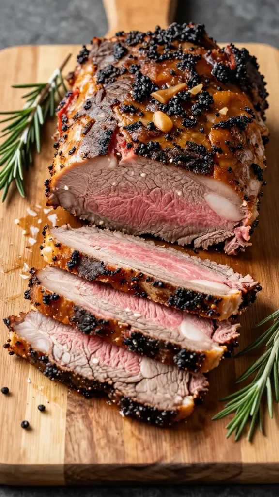 Chopped leftover brisket on wooden board, fall herbs