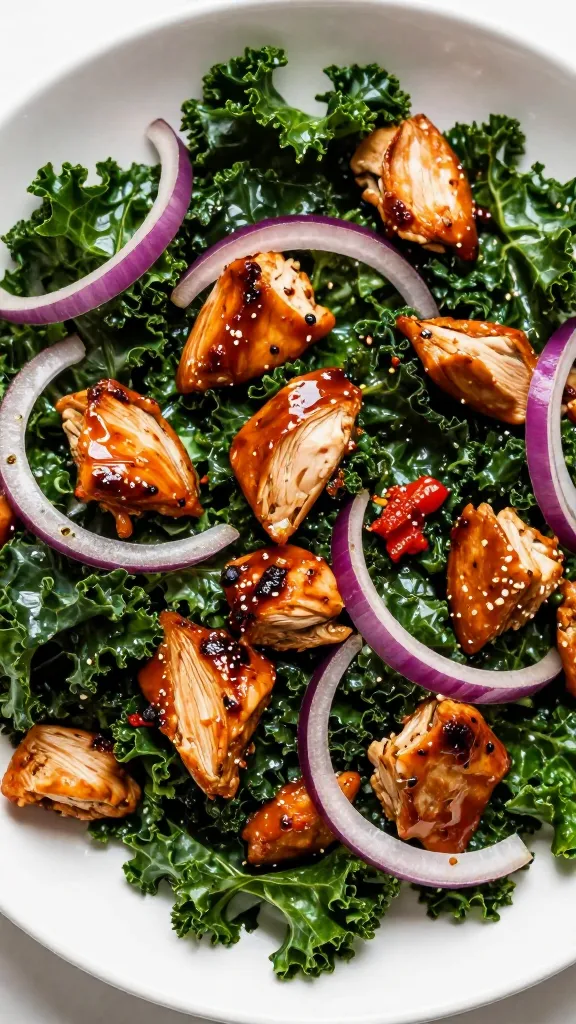 diced bbq chicken with kale and red onion, overhead