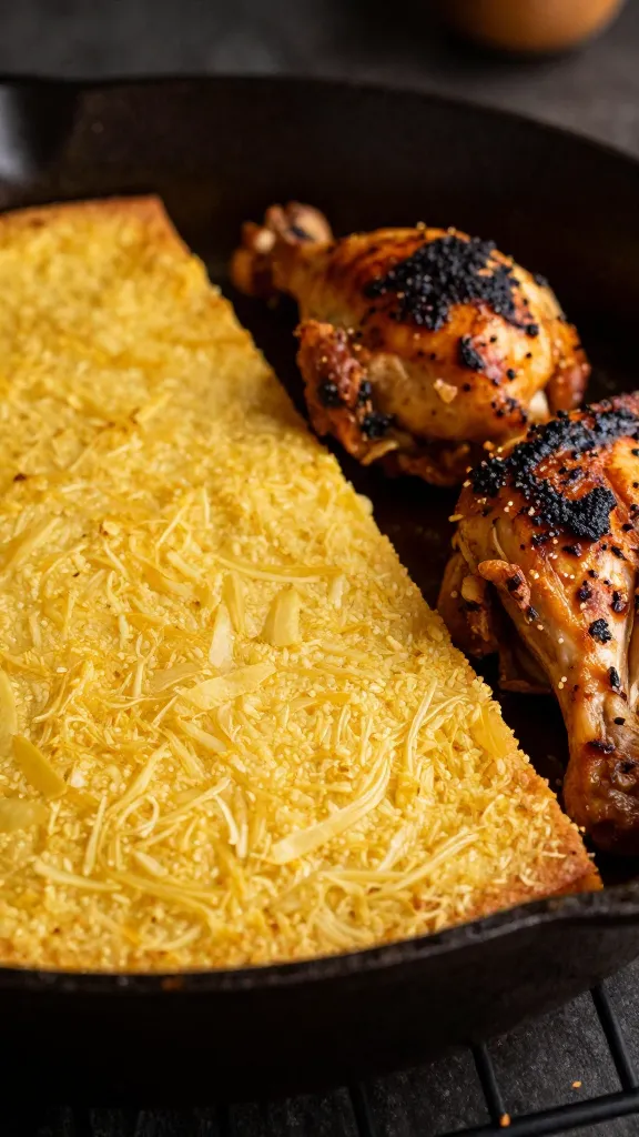 warm cornbread beside bbq chicken skillet, moody fall lighting