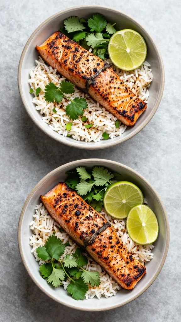 blackened salmon bowls with cilantro-lime rice, overhead