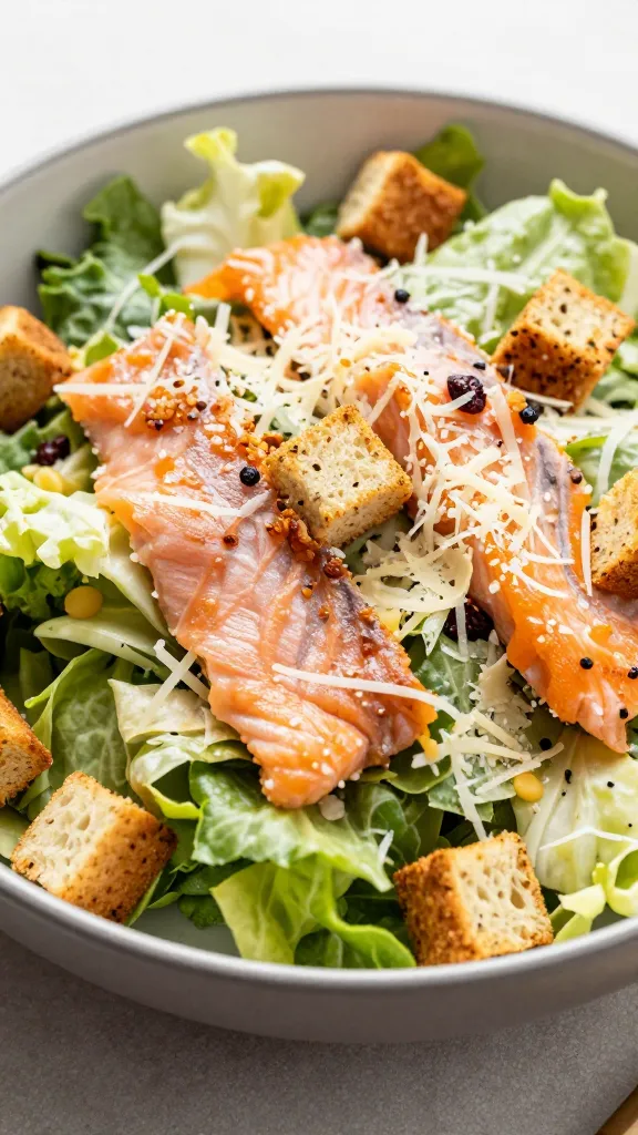 cajun caesar salmon salad with parmesan and croutons