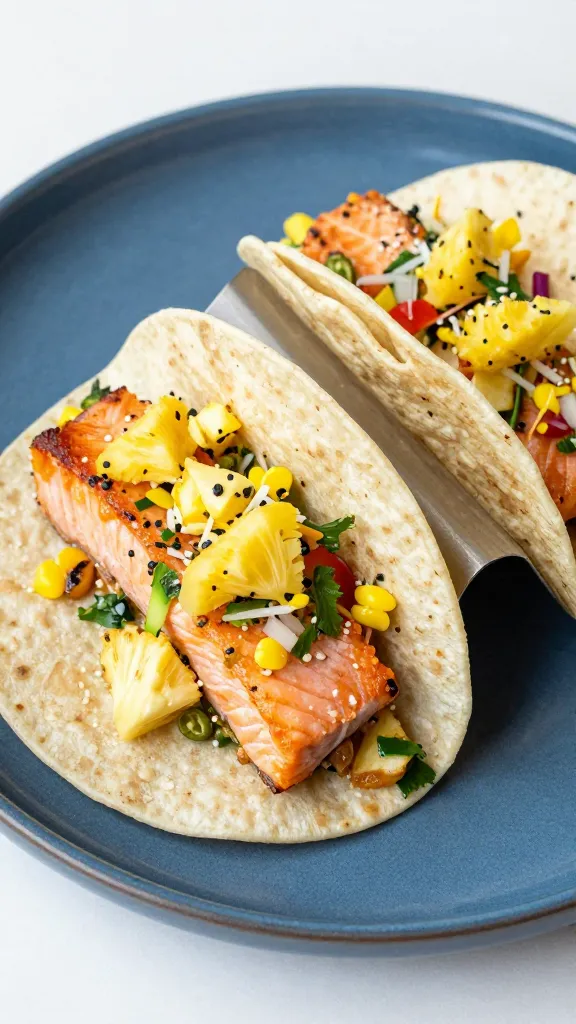spicy salmon tacos with pineapple slaw on blue plate