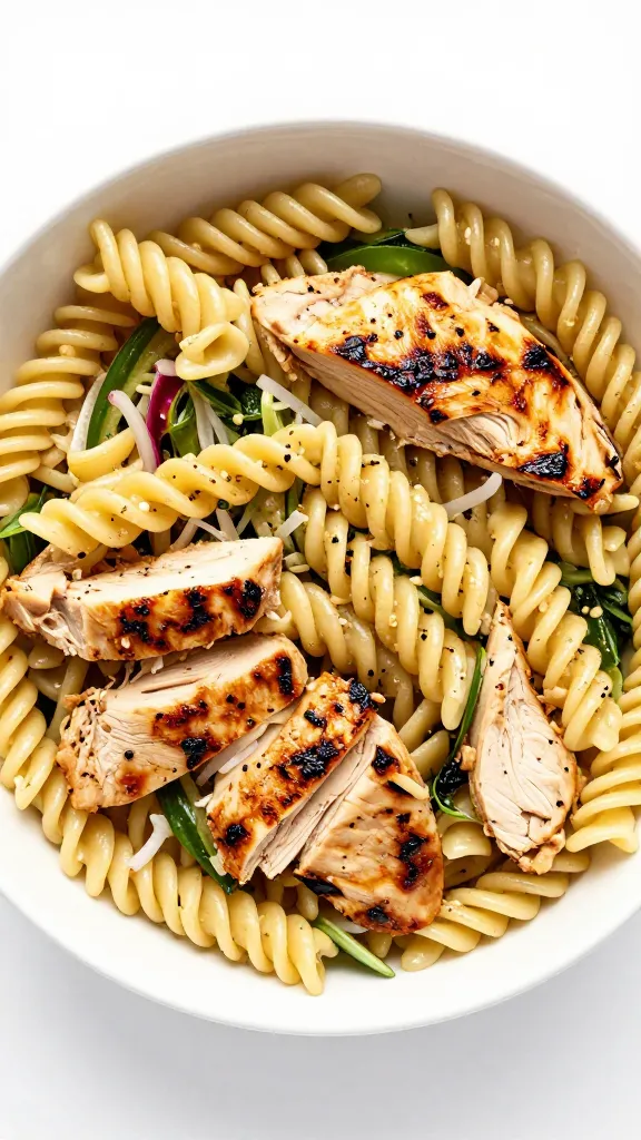 Viral Leftover Grilled Chicken Turned Into a Quick Pasta Salad leftover grilled chicken pasta salad in white bowl