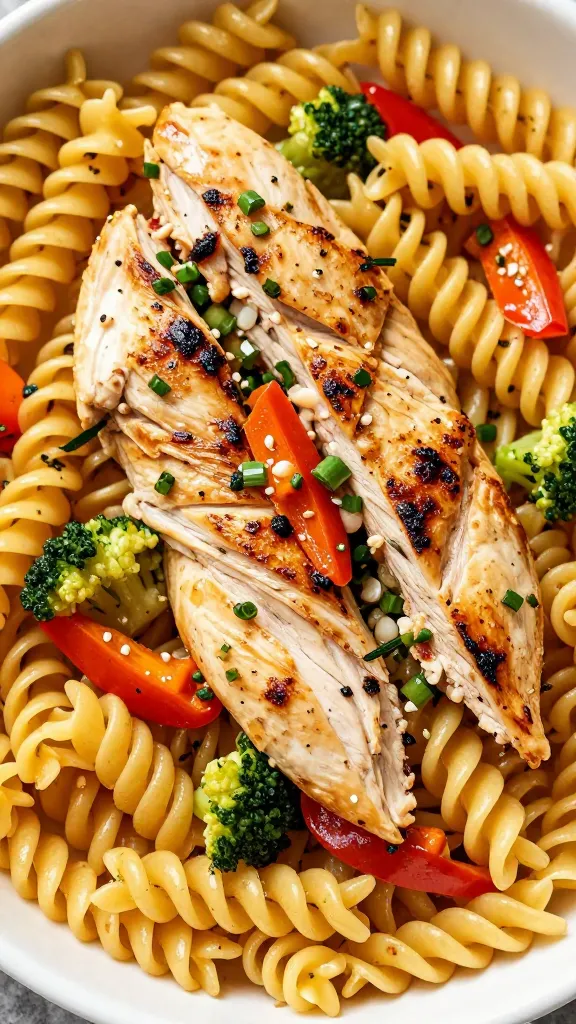 Viral Leftover Grilled Chicken Turned Into a Quick Pasta Salad twirly rotini with grilled chicken and crunchy veggies