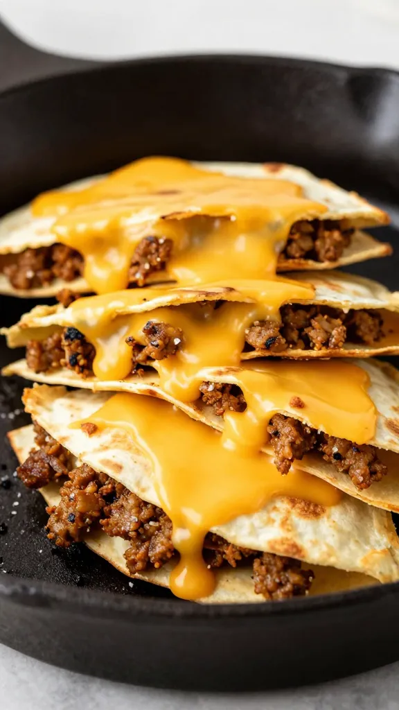 crispy taco meat quesadilla, cast-iron skillet, melted cheese