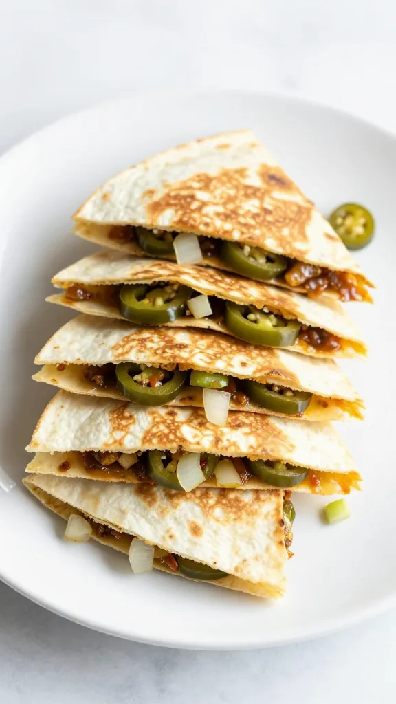 sliced quesadilla with jalapeños and onions on white plate