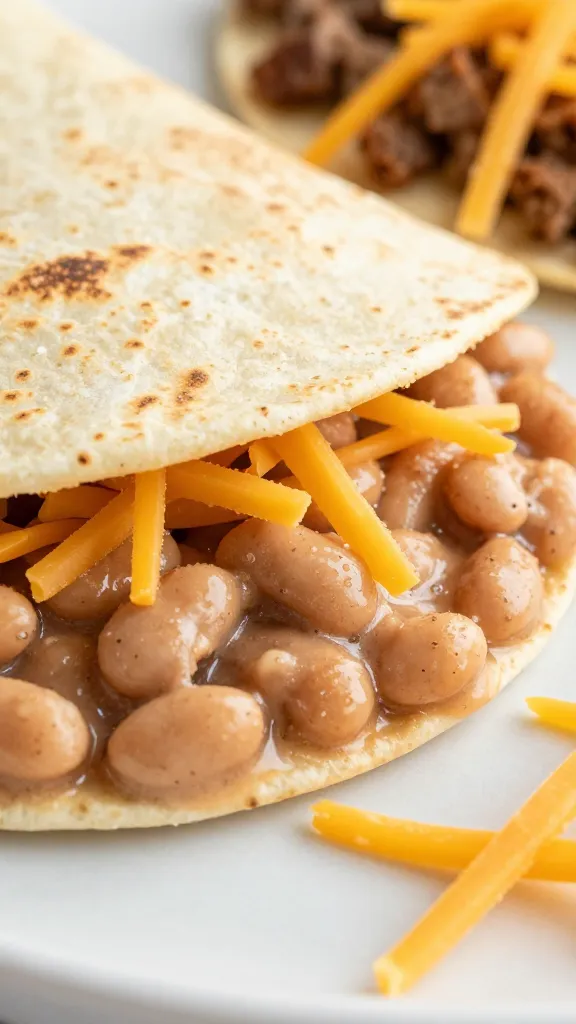tortilla with refried beans, taco meat, shredded cheddar close-up