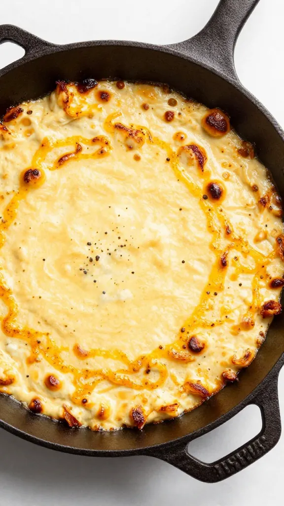 Warm turkey cheese dip in cast-iron skillet, overhead