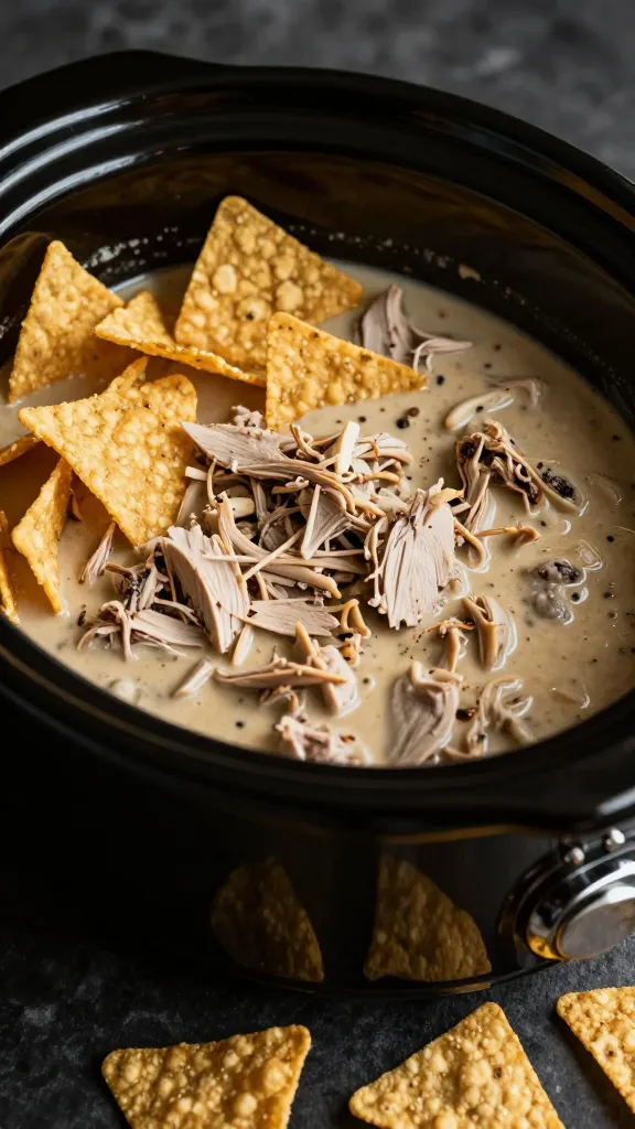 Slow cooker turkey dip with tortilla chips, moody lighting