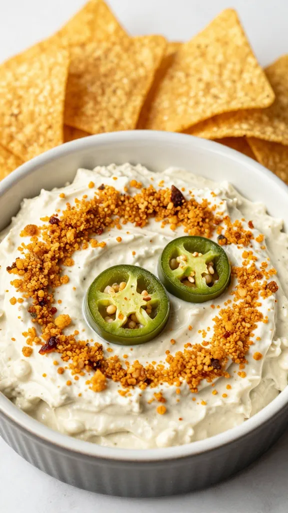 baked jalapeño dip with golden crust, tortilla chips nearby