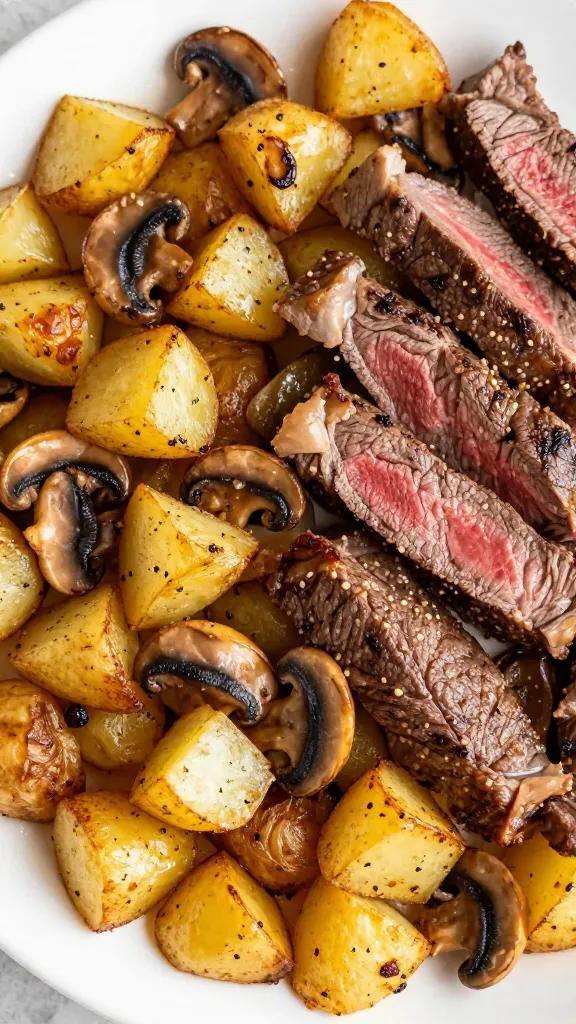roasted potato and mushroom hash with leftover steak slices