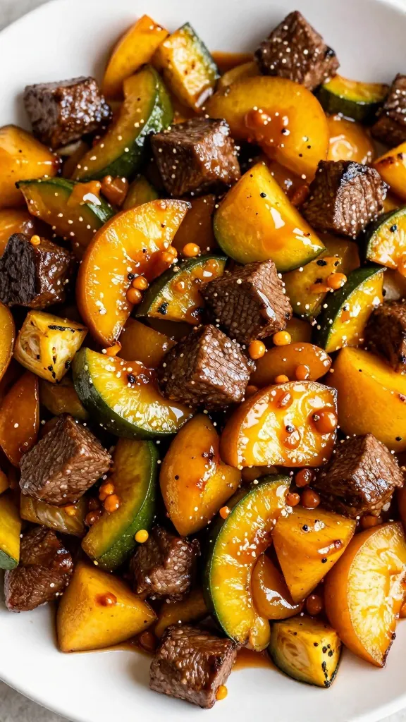 caramelized veggie sheet pan hash with warmed steak bites