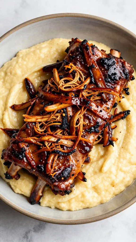 shredded bbq ribs over creamy polenta in rustic bowl
