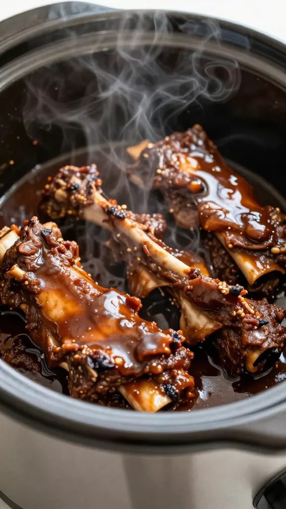 slow cooker with saucy leftover ribs, steam rising