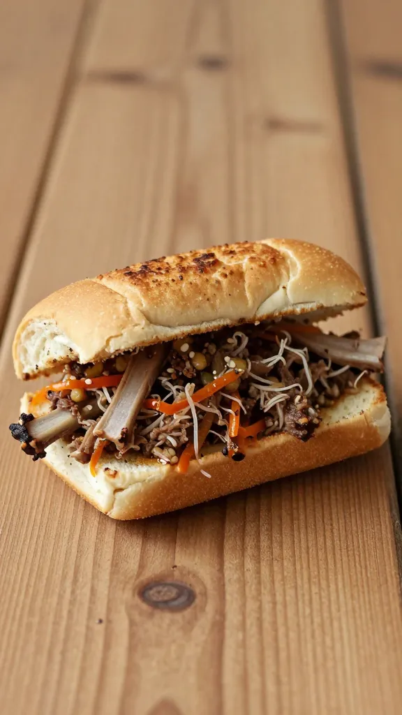 pulled rib sandwiches on toasted buns, fall wooden table