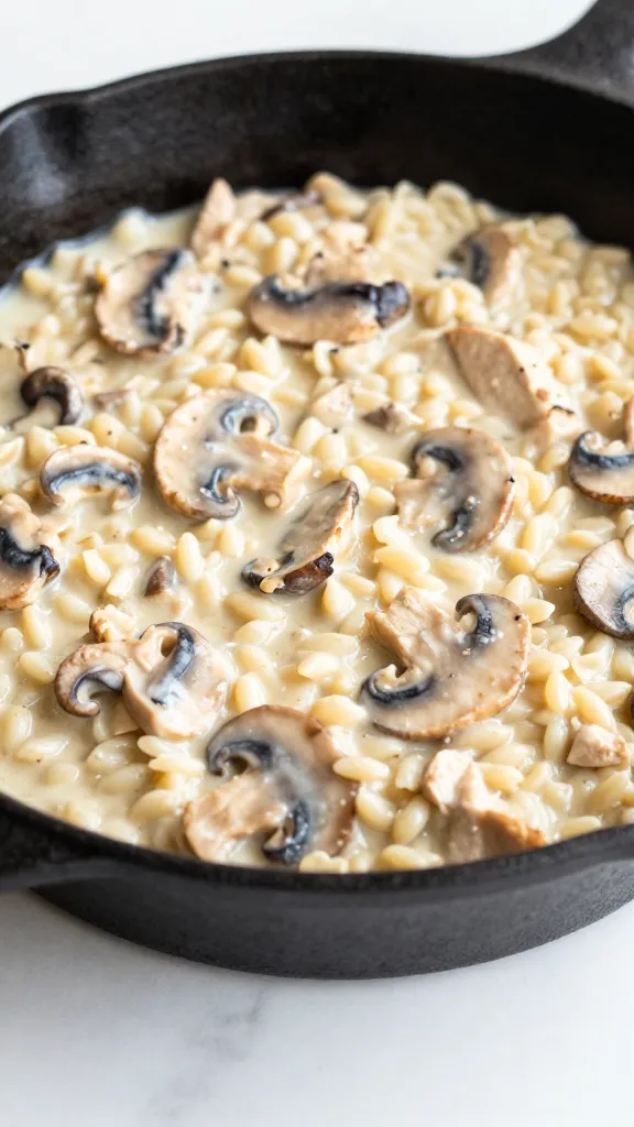 creamy chicken mushroom orzo in cast-iron skillet