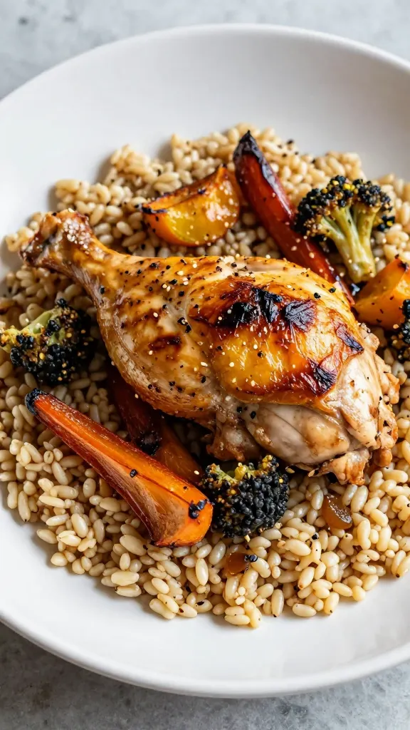 fall roasted vegetables with chicken over warm grains