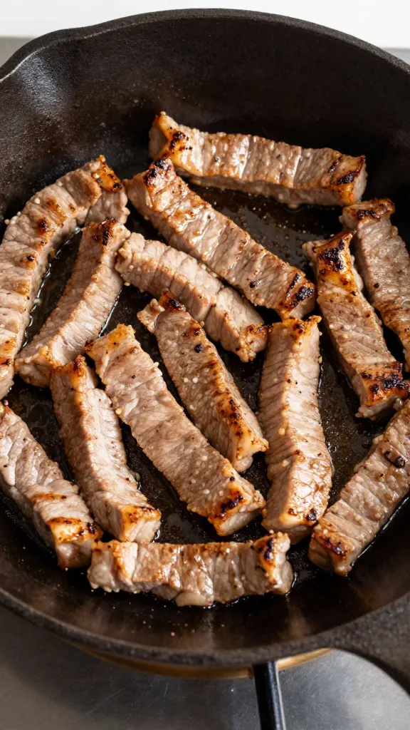 pork strip sauté in cast-iron skillet, quick sear