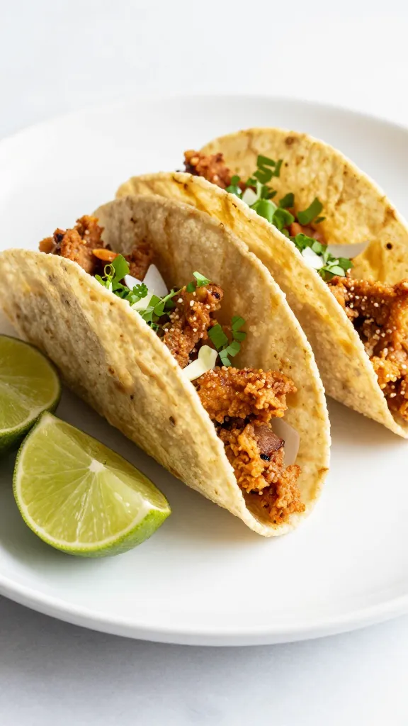 crispy pork tacos with lime wedges on white plate
