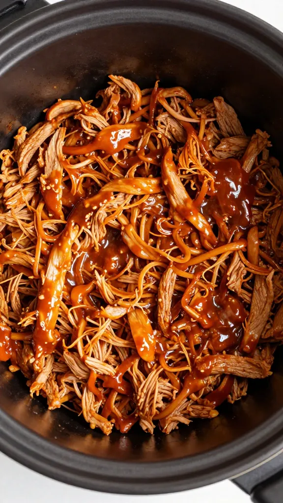 crockpot with shredded leftover pork in tangy BBQ sauce