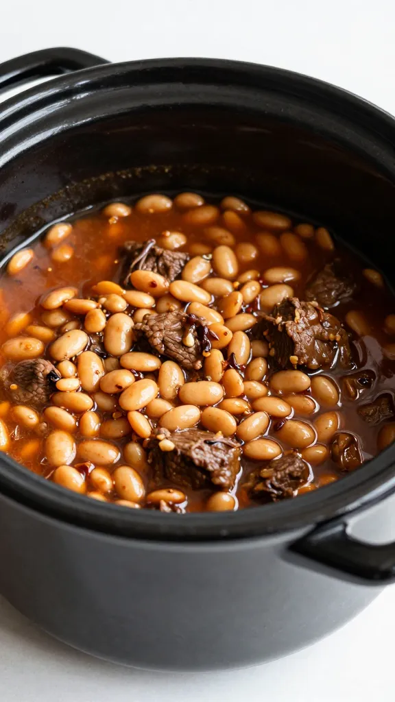 pantry beans and leftover beef stew in black crockpot