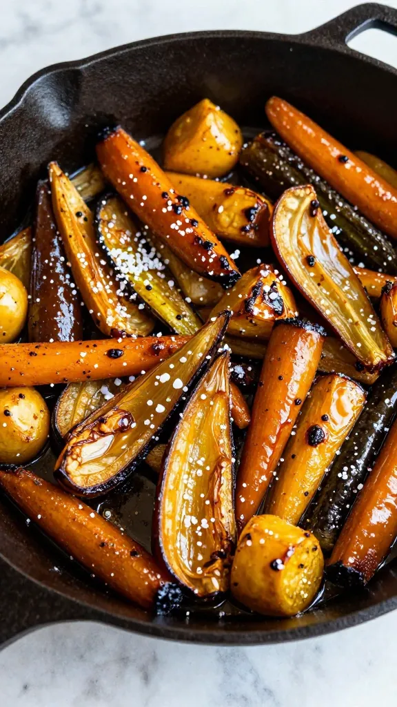 Make a Cozy Fall Side Dish with Leftover Vegetables Tonight caramelized fall veggies in cast-iron skillet, sea salt