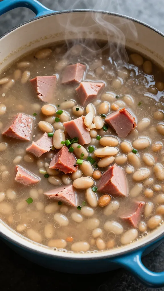 dutch oven ham and bean soup, overhead, steam rising