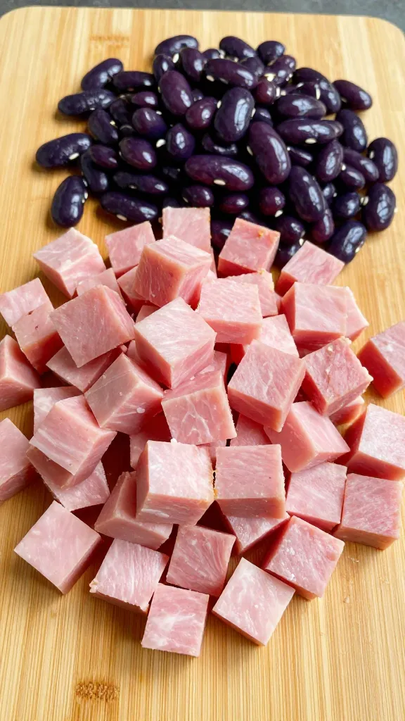 diced leftover ham and navy beans on cutting board
