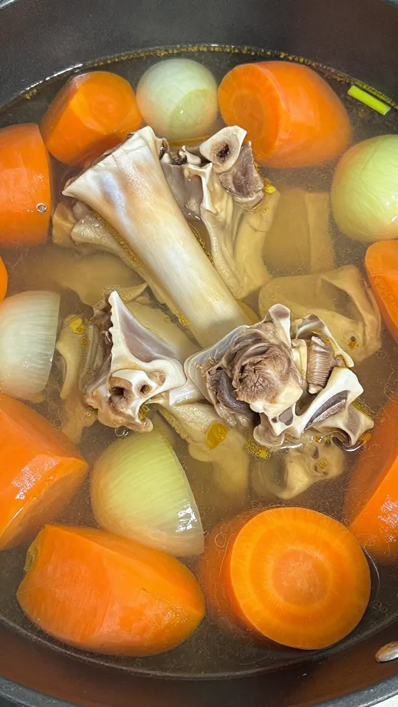 ham bone simmering in broth with onions and carrots