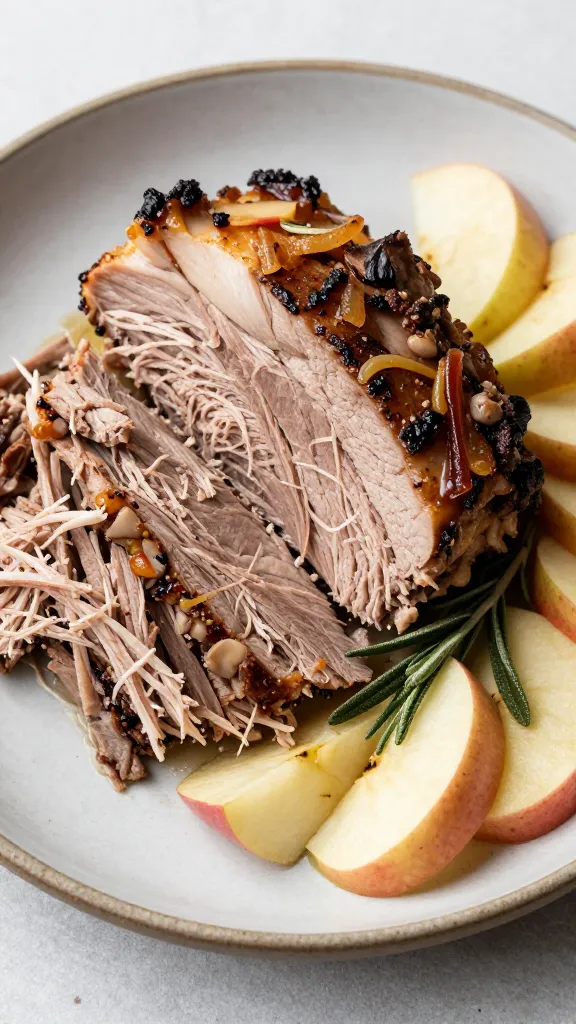 shredded leftover pork roast with apples and sage on rustic plate