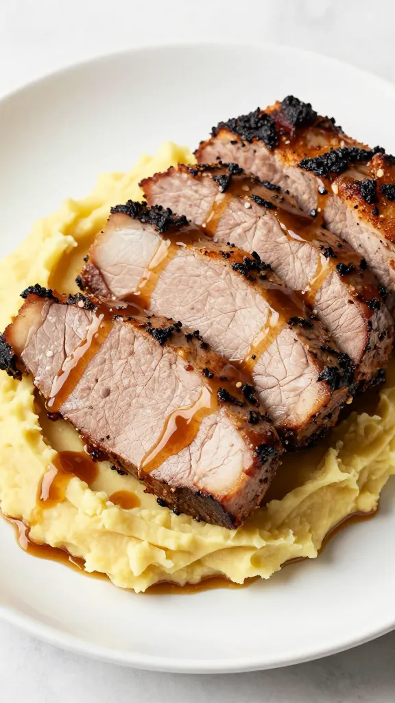 pork roast slices over mashed sweet potatoes with maple drizzle