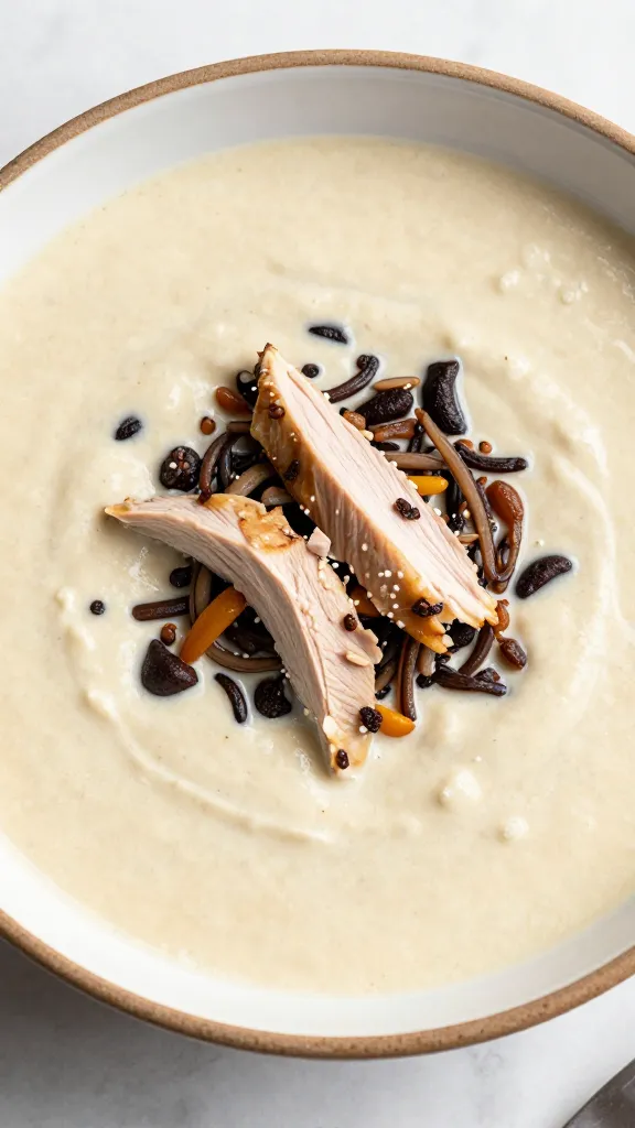 creamy smoked turkey and wild rice soup in rustic bowl