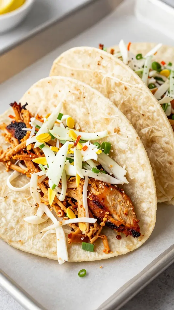 shredded BBQ chicken tacos with crunchy slaw on sheet pan