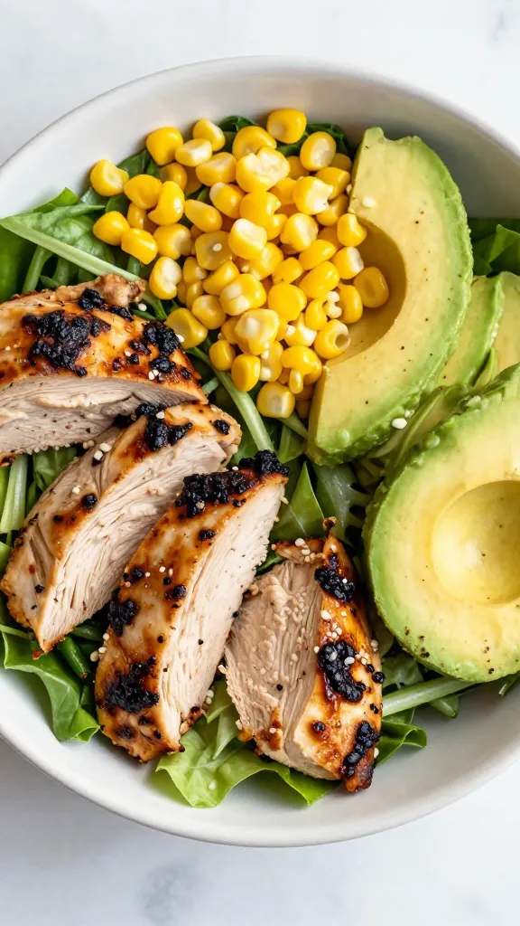 leftover BBQ chicken salad with corn and avocado bowl