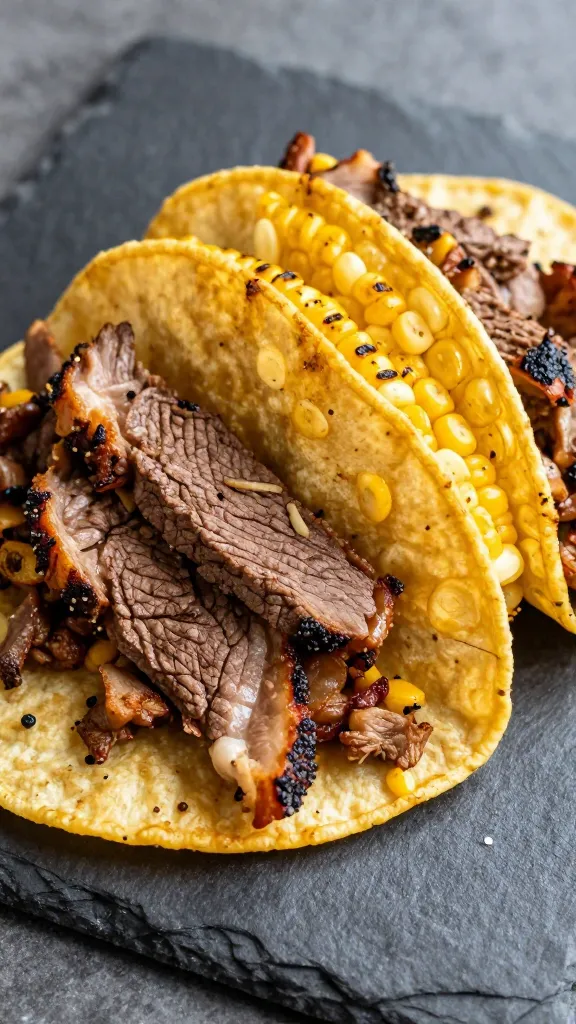 sliced leftover steak tacos with charred corn on slate