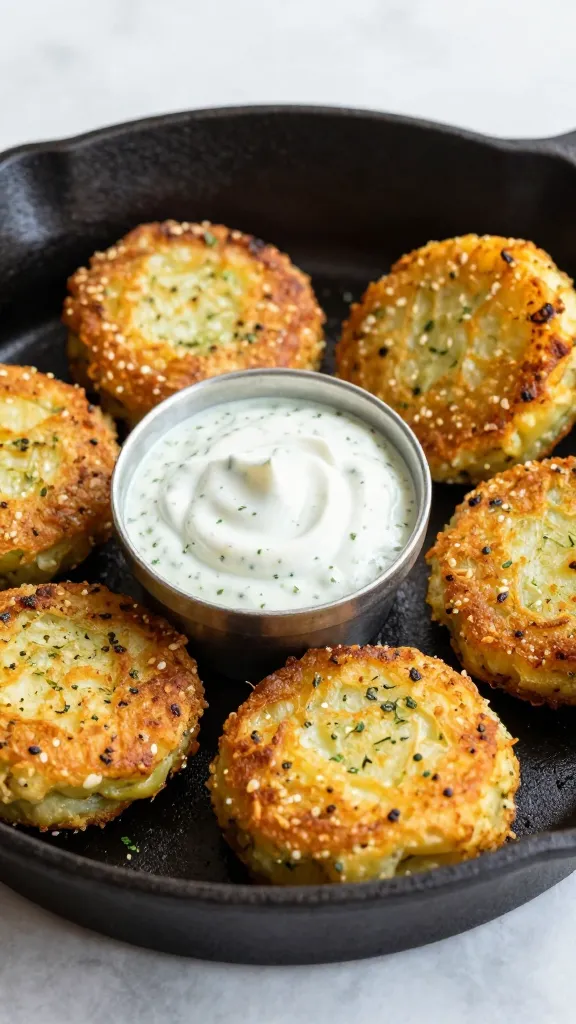 crispy potato cakes with herby sauce on cast-iron skillet