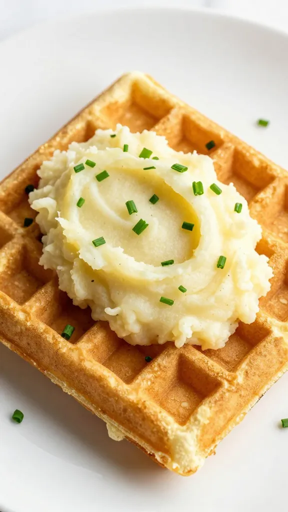 cheesy mashed potato waffles with chives on white plate