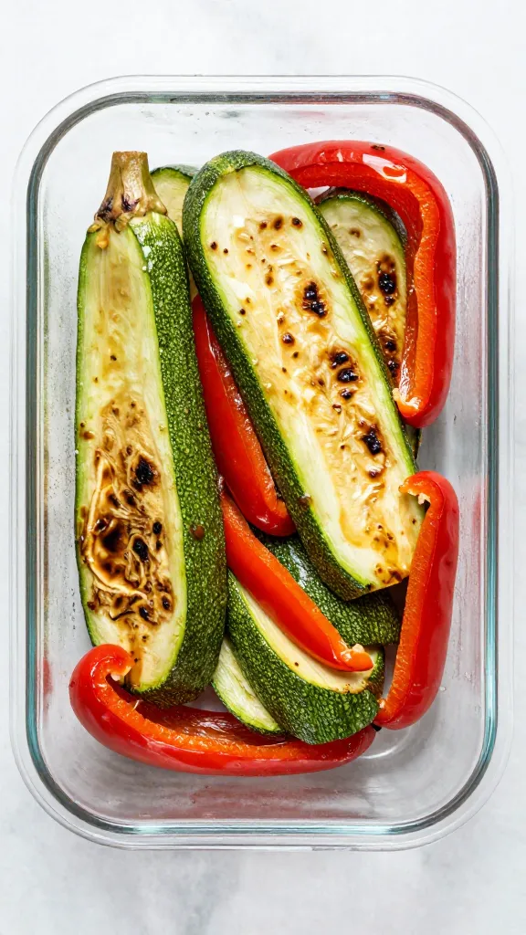 leftover grilled zucchini and peppers in glass Tupperware, overhead