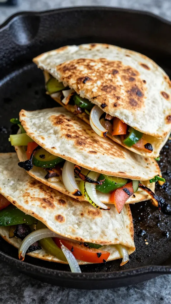 smoky veggie quesadillas with charred onions, cast-iron skillet
