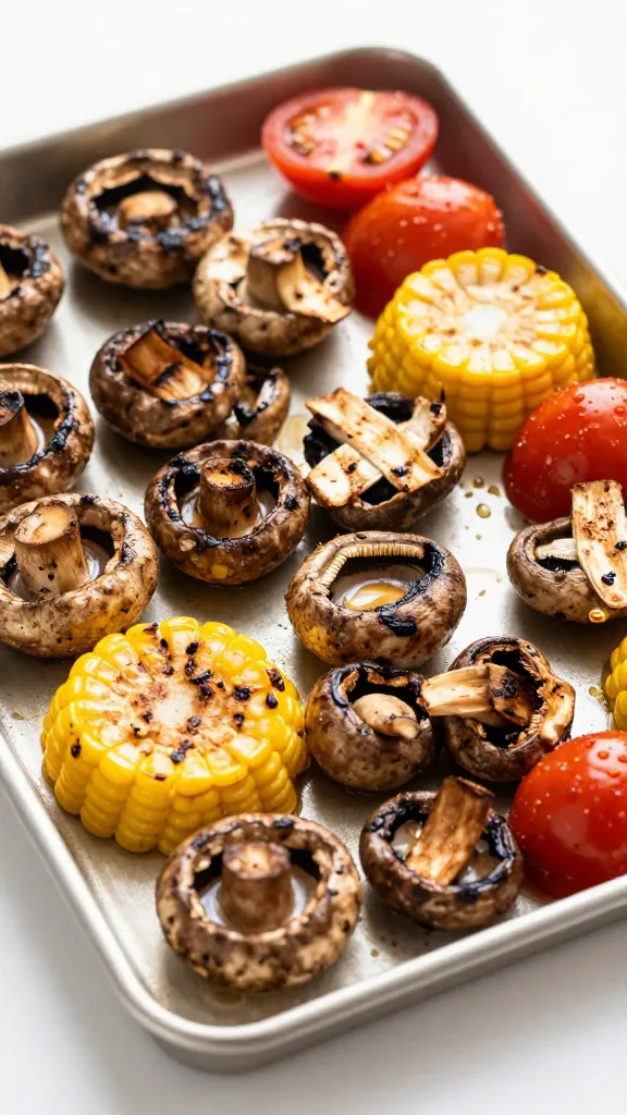 assorted grilled mushrooms, corn, and tomatoes on baking sheet